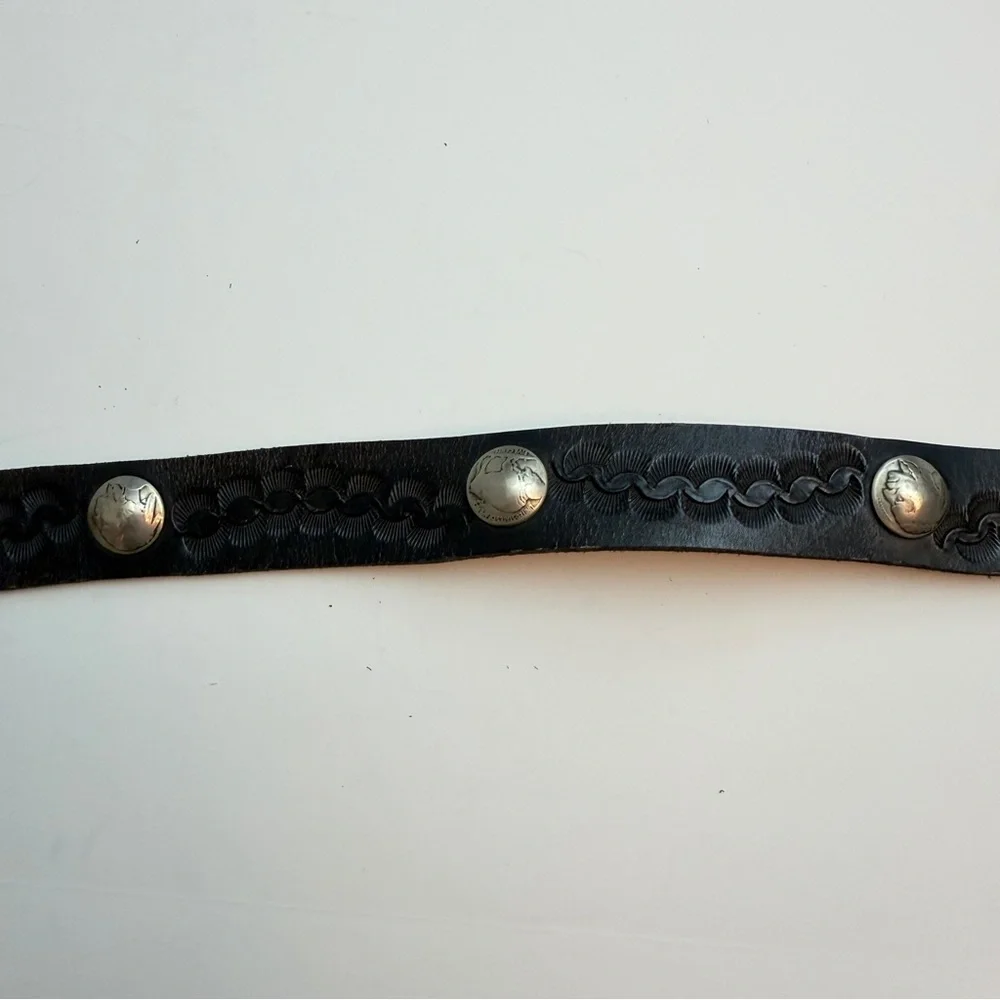 Vintage TBIRD Thunderbird Southwestern Style Buffalo Nickel Concho Leather Belt